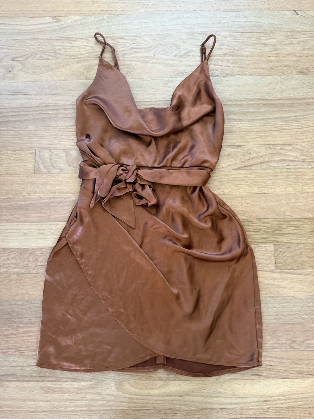 Angel Biba Small Brown Satin Cowl Neck Faux Wrap Mini Dress